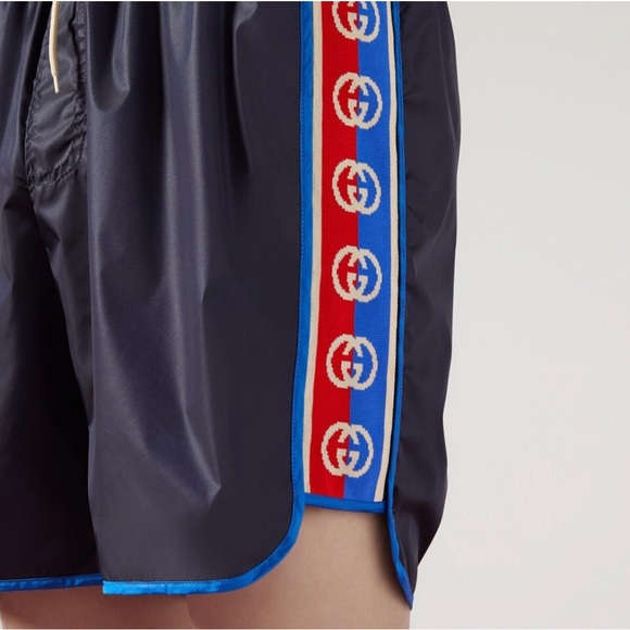 Gucci Dark Blue Athletic Shorts with Red and Blue Stripe - Picture 1 of 8